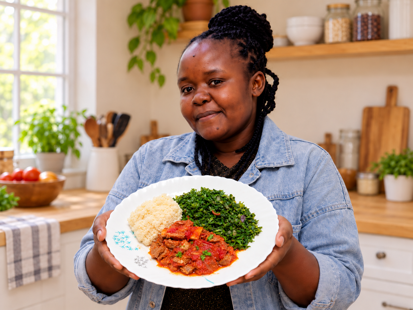 Maureen welcoming you with a plate of ugali, greens and stew in her kitchen